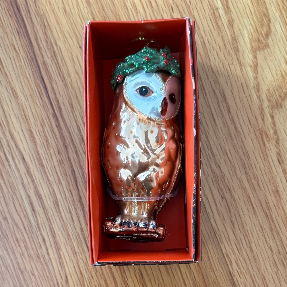 John Derian Festive Owl Ornament with Green Accents